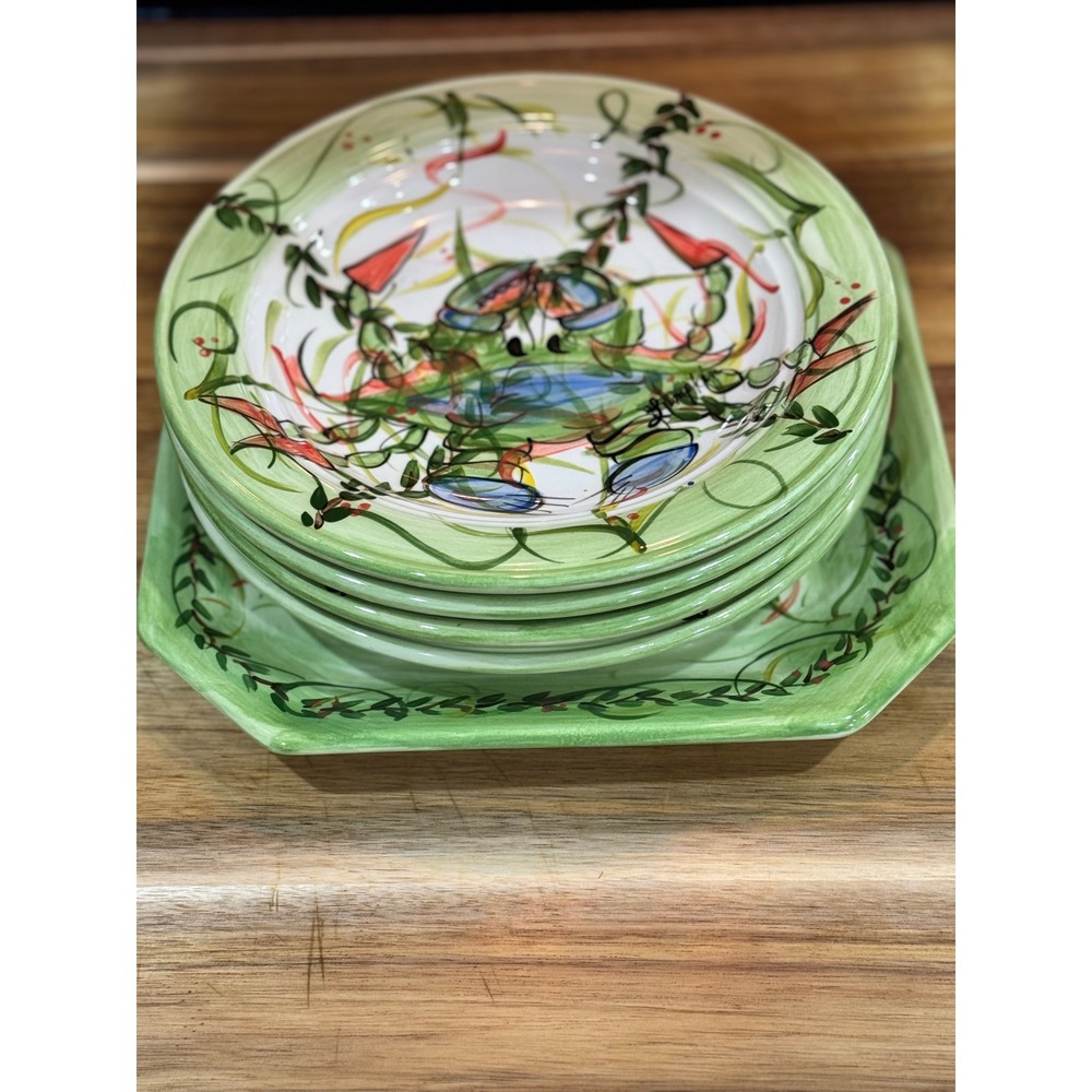Susan Lumpkin hand painted‎ crab plate set 5pc Claws for Celebration coastal